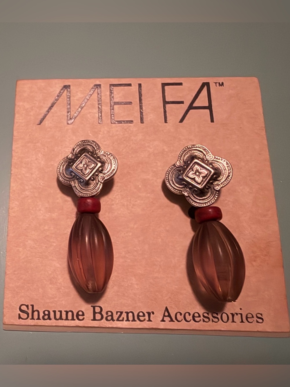 MEI FA Shaune Bazner Brown Glass Drop Earrings with Silver Floral Studs
